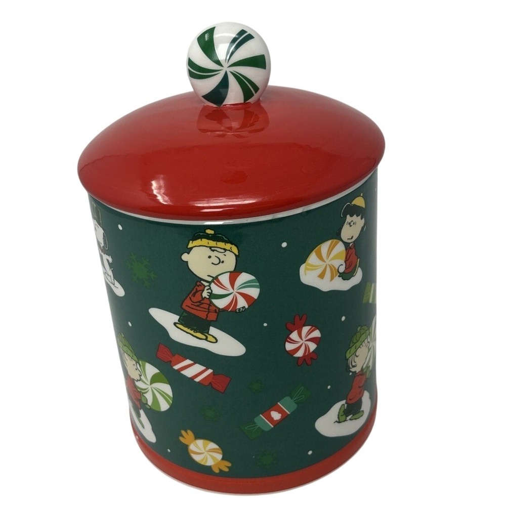 Peanuts Christmas Ceramic Cookie Jar Silver Buffalo Charlie Brown Snoopy Green